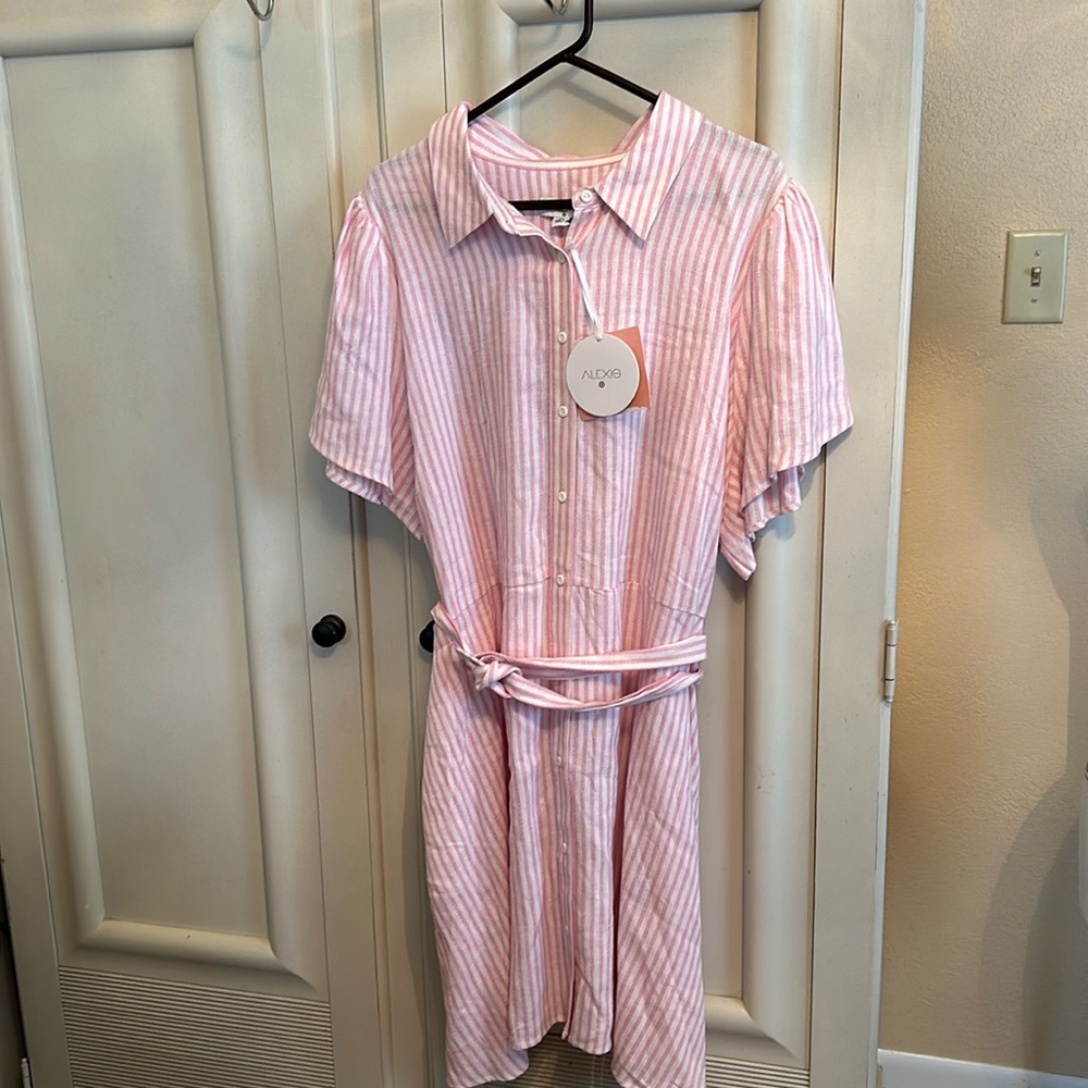 Alexis Pink and White Striped Midi Shirt Dress BRAND NEW WITH TAGS very pretty!